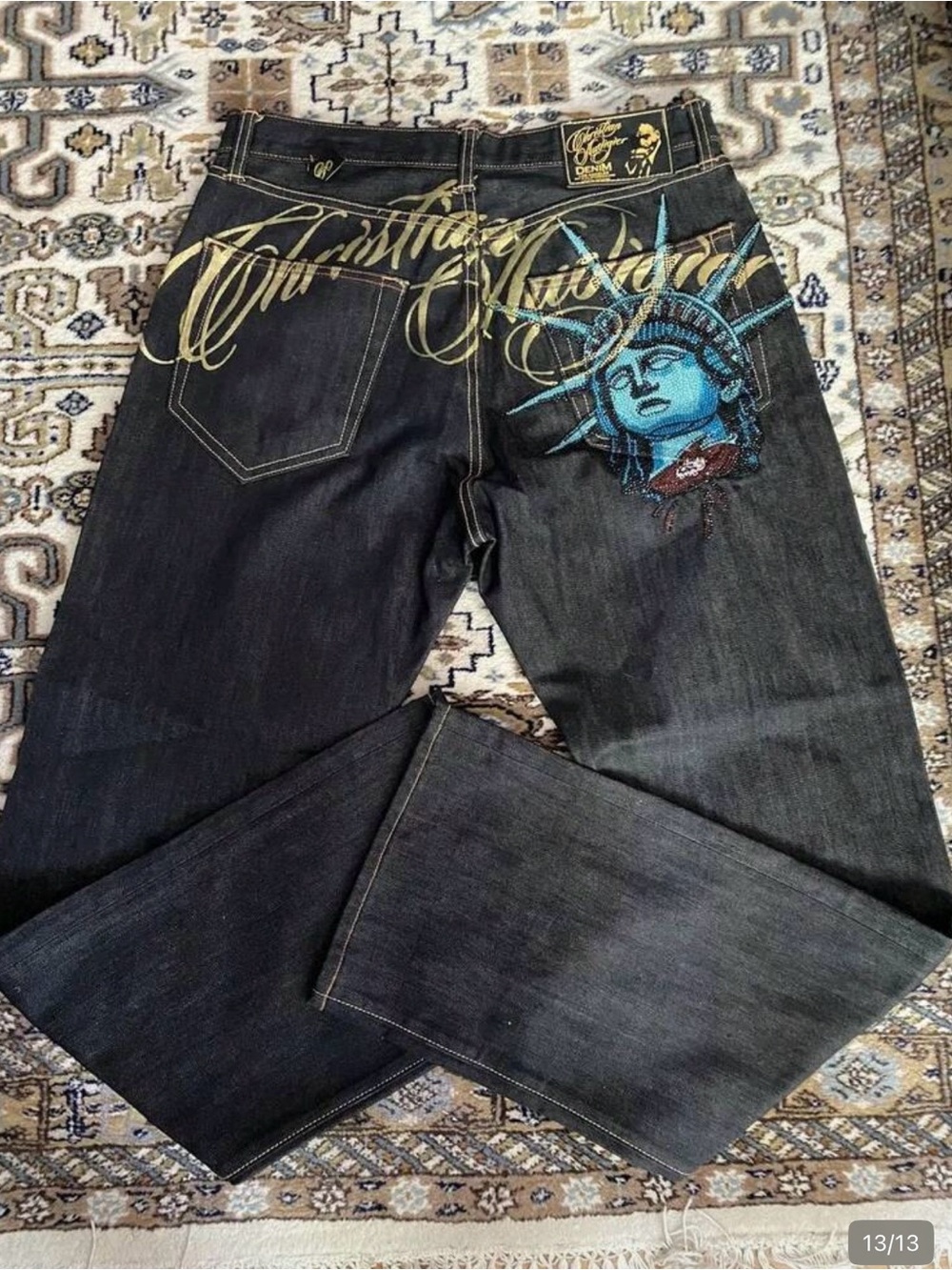 Embellished Black Skinny Jeans with Blue Statue Graphic